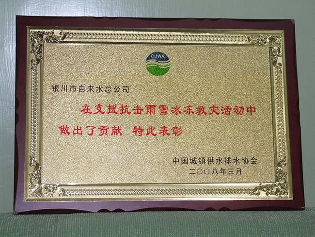 2008年中國城鎮供水排水協會“在支援抗擊雨雪冰凍災害活動中做出了貢獻”特此表彰